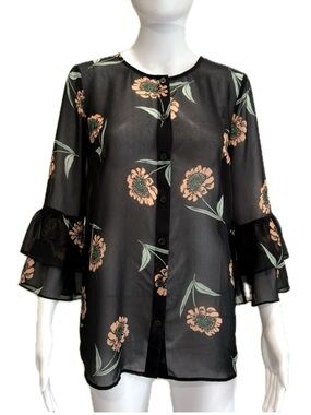 Cabi Sheer Floral Button Front Blouse Size XS Black Tiered Ruffle 3/4 Sleeve Top
